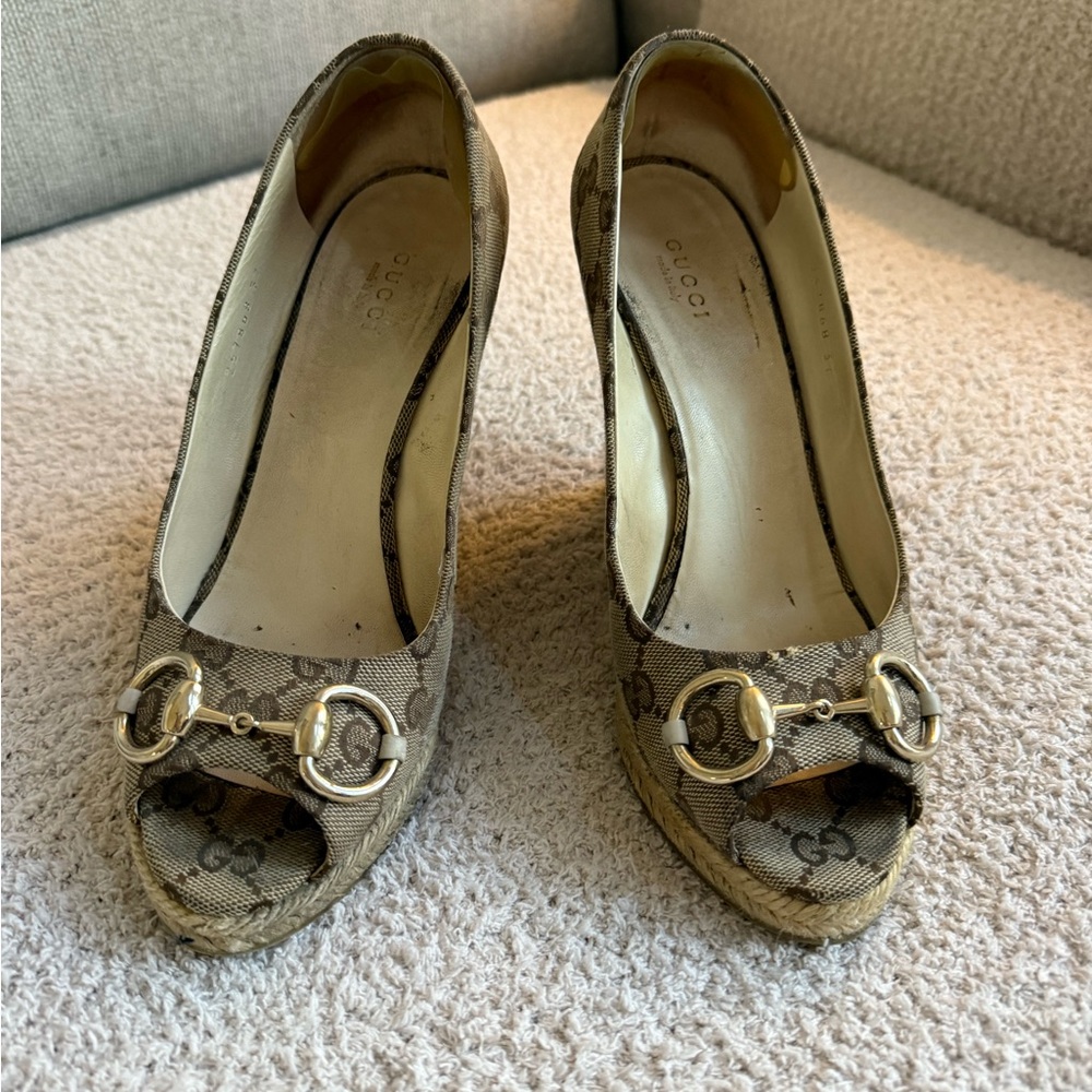 Gucci Brown Monogram Peep-Toe Wedge Espadrilles - Picture 4 of 12